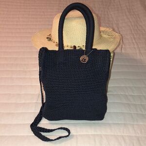 Lorenzo Paris Navy Blue Crochet Macrame Small Tote Convertible Crossbody Purse